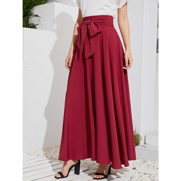 🌟High Waist Zip Back Knotted Swing maxi Skirt burgundy red maroon - Picture 1 of 12
